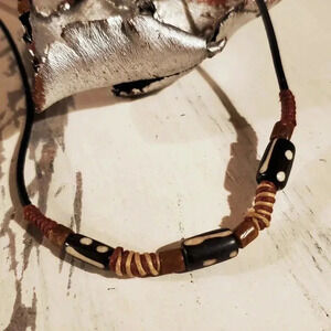 Handcrafted India Tribal Black Brown Cream Yak Bone Leather Necklace